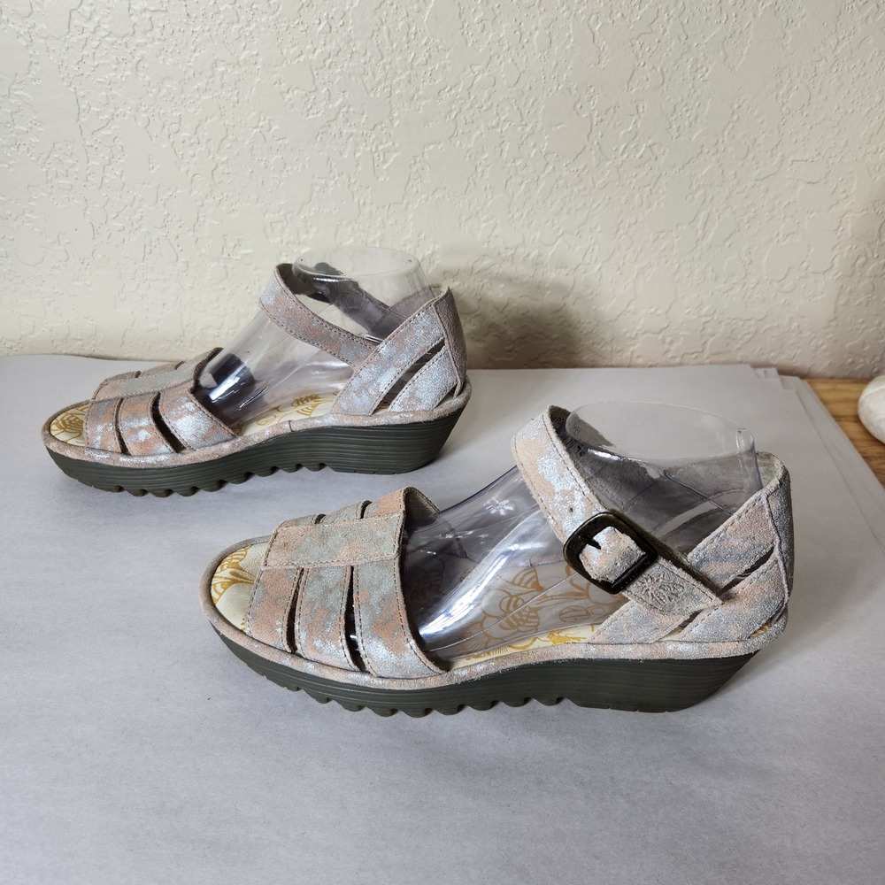 Fly London Yula Metallic Silver Tan Suede Wedge Sandals Womens 39 EU 8.5-9 US